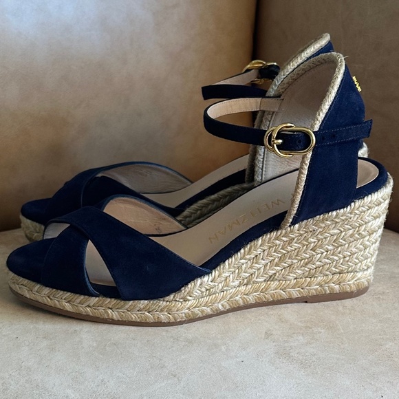 Stuart Weitzman Mirela II Espadrille Wedge Sandal Navy Suede/Natural 7.5C Casual - Picture 4 of 13